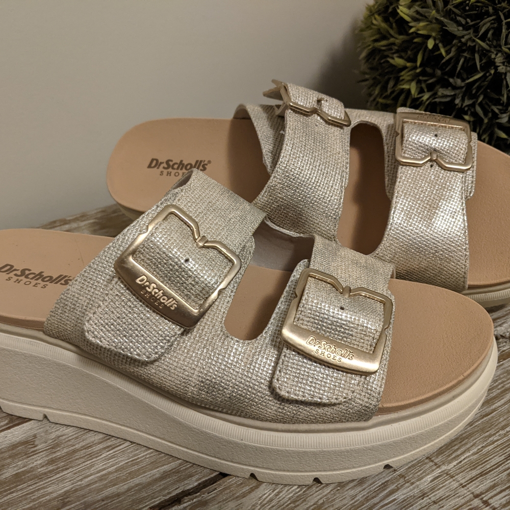DR. SCHOLL'S Champagne Metallic Double-Buckle Platform Slides